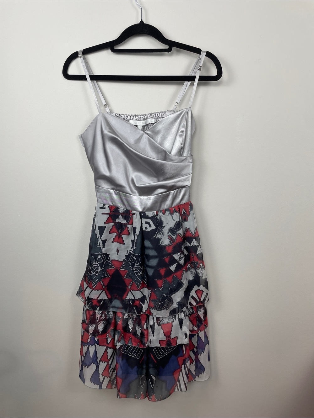 Y2K Silver Satin Party Dress | Abstract Print Ruffle Mini Dress | Size XS